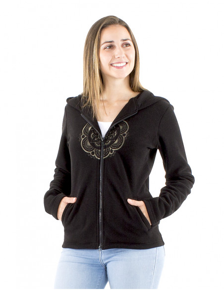 Chaqueta malla poliéster polar capucha bordado Mándala