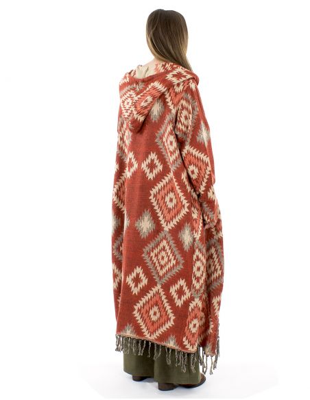 Abrigo largo acrílico capucha flecos Jacquart geométrico