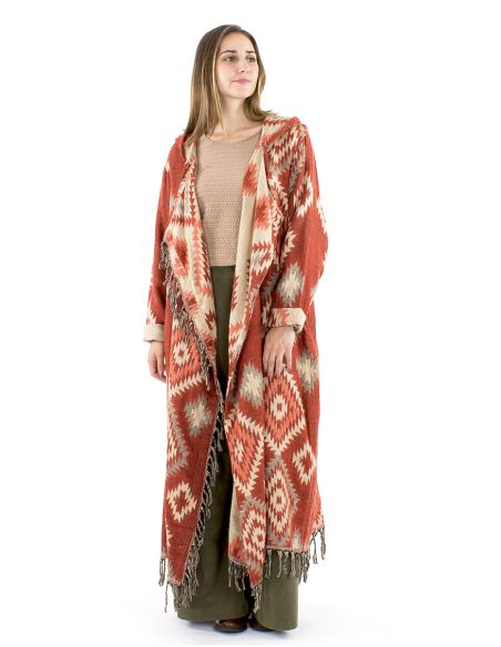 Abrigo largo acrílico capucha flecos Jacquart geométrico