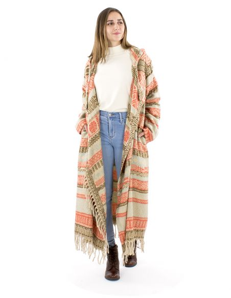 Abrigo largo acrilico capucha flecos Jacquart lineas