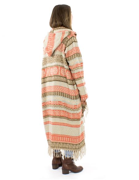 Abrigo largo acrilico capucha flecos Jacquart lineas