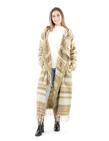 Abrigo largo acrilico capucha flecos Jacquart lineas