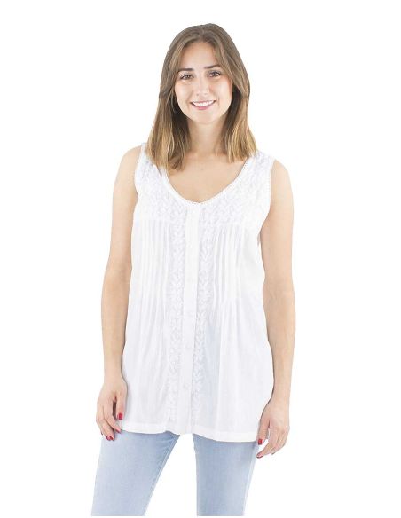 Camiseta sin mangas algodon con botones bordado mano