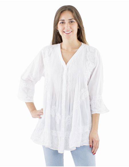 Blusa algodon abotonada bordado mano pliegue pecho