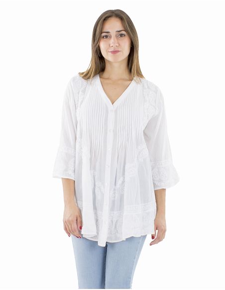 Blusa algodon abotonada bordado mano pliegue pecho