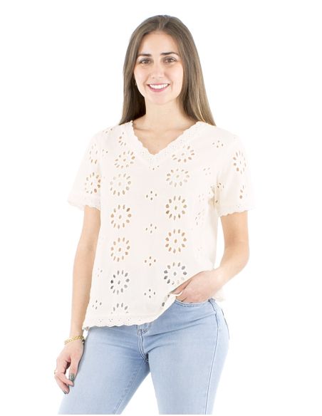 Blusa algodon blanco bordado mangas cortas cuello v