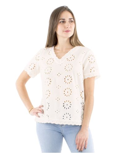 Blusa algodon blanco bordado mangas cortas cuello v