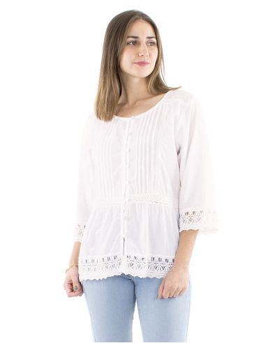 Blusa algodon encajes mangas largas