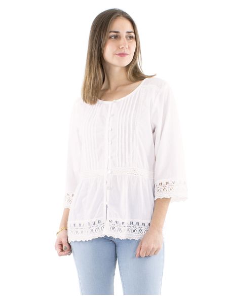 Blusa algodon encajes mangas largas