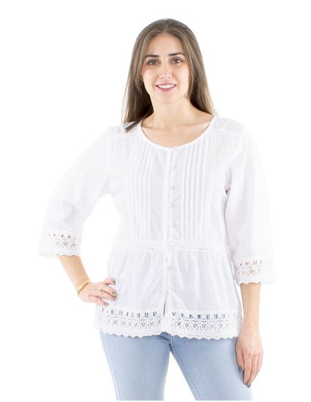 Blusa algodon encajes mangas largas