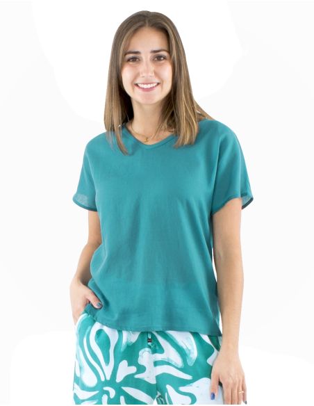 Blusa algodon mousse lisa forma cuello v bout manga