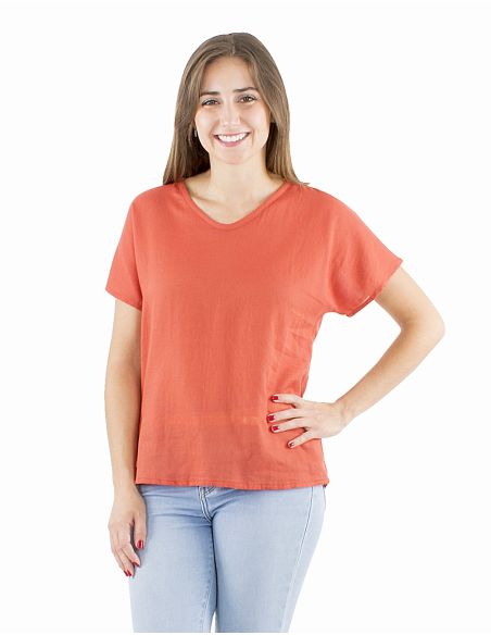 Blusa algodon mousse lisa forma cuello v bout manga