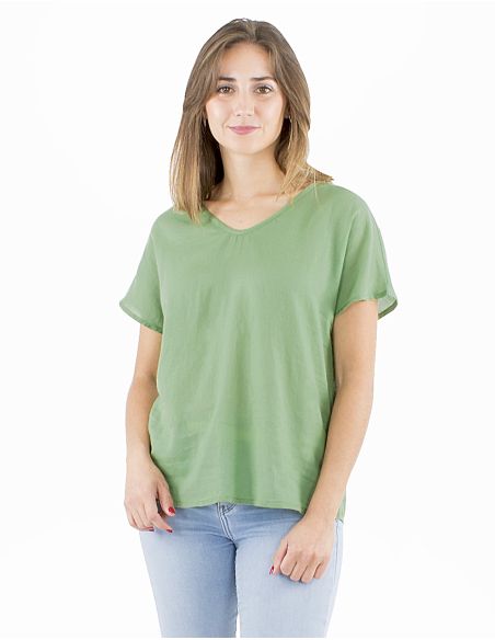 Blusa algodon mousse lisa forma cuello v bout manga