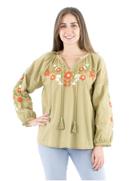 Blusa algodon mangas 3/4 bordado manos