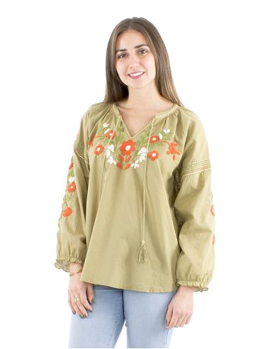 Blusa algodon mangas 3/4 bordado manos