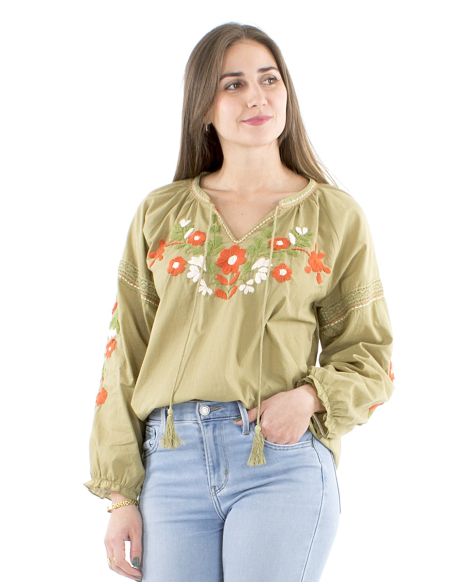 Blusa algodon mangas 3/4 bordado manos