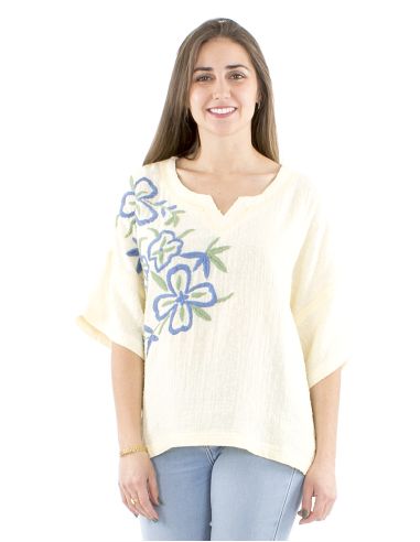 Blusa algodon mangas cortas bordado manos gaza