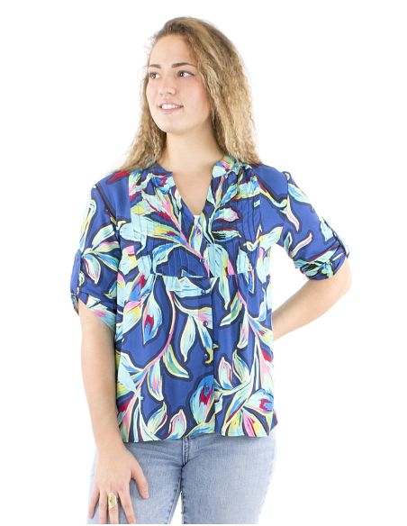 Blusa viscosa mangas 3/4 pliegue pecho estampado jade