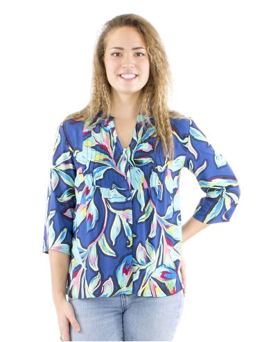 Blusa viscosa mangas 3/4 pliegue pecho estampado jade