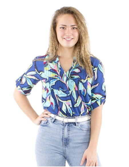 Blusa viscosa mangas 3/4 pliegue pecho estampado jade