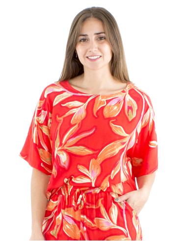 Blusa viscosa mangas cortas anchas estampado jade
