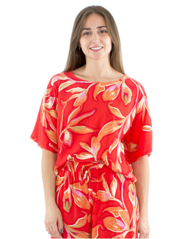 Blusa viscosa mangas cortas anchas estampado jade