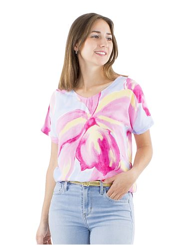 Blusa viscosa mangas cortas estampado orquidea