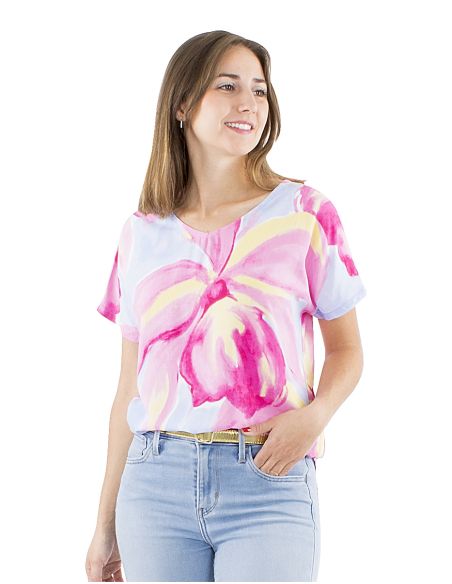 Blusa viscosa mangas cortas estampado orquidea