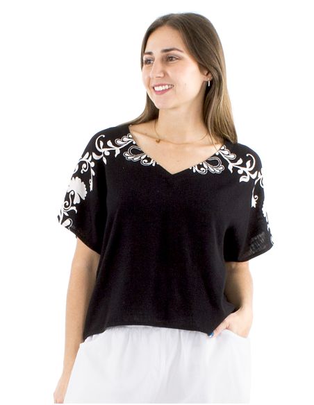 Blusa 70% viscosa 30% lino cuello v blanco/negro