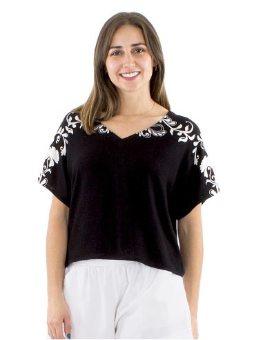Blusa 70% viscosa 30% lino cuello v blanco/negro