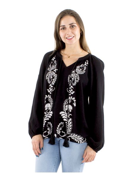 Blusa 70% viscosa 30% lino mangas 3/4 blanco/negro