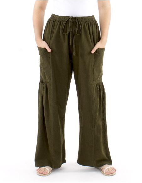 Pantalon algodon liso sw con plieguebajo bolsillos
