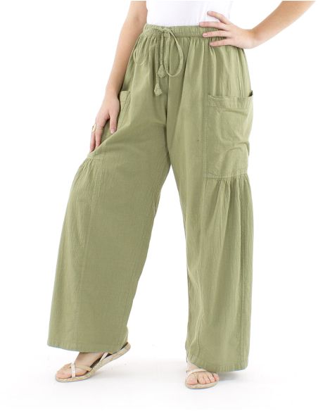 Pantalon algodon liso sw con plieguebajo bolsillos