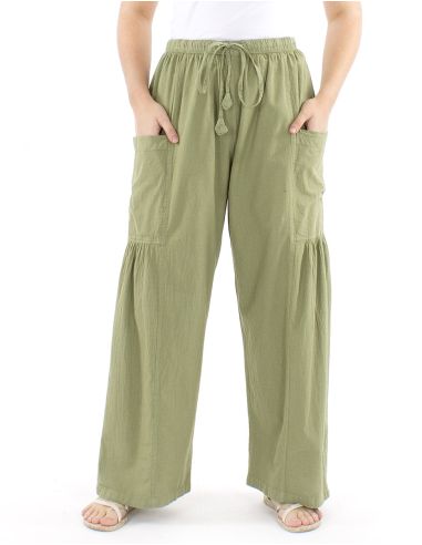 Pantalon algodon liso sw con plieguebajo bolsillos