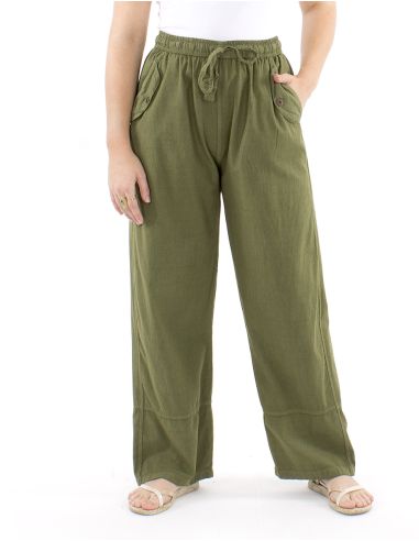 Pantalon algodon liso sw revers sur bolsillo boton madera