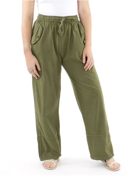 Pantalon algodon liso sw revers sur bolsillo boton madera