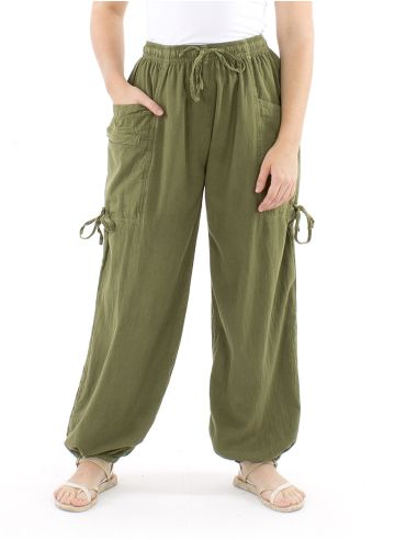 Pantalon algodon liso sw bolsillos plaquees lazo sobre pierna