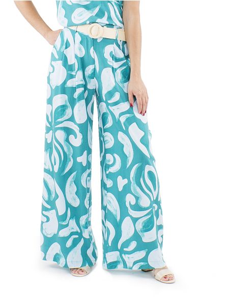 Pantalon viscosa ancho estampado rumba boton cintura 1/2 elastico