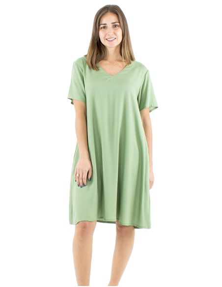 Vestido viscosa liso cuello v mangas cortas mama