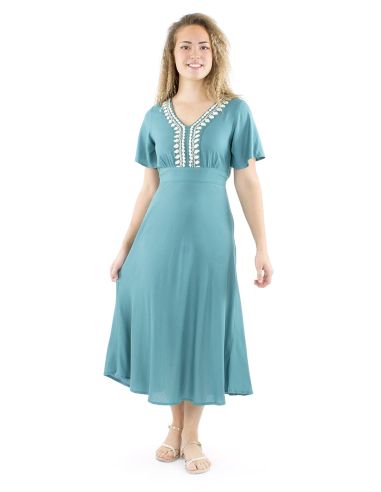 Vestido viscosa bordado mangas cortas lisa
