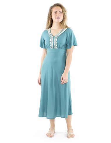 Vestido viscosa bordado mangas cortas lisa