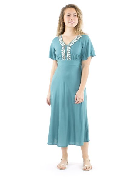 Vestido viscosa bordado mangas cortas lisa