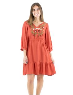 Vestido viscosa bordado mangas 3/4 lisa