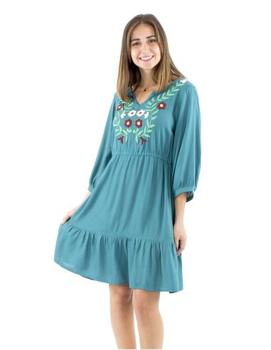 Vestido viscosa bordado mangas 3/4 lisa