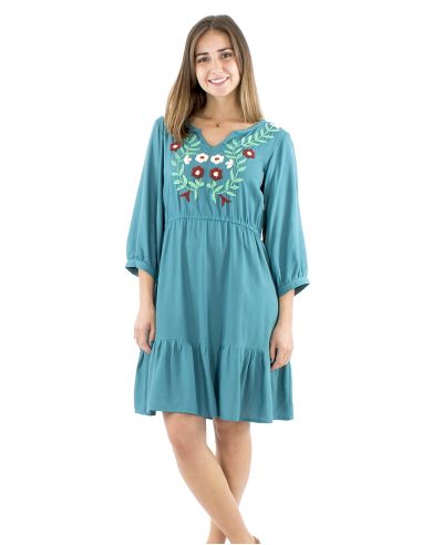 Vestido viscosa bordado mangas 3/4 lisa