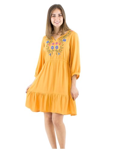 Vestido viscosa bordado mangas 3/4 lisa