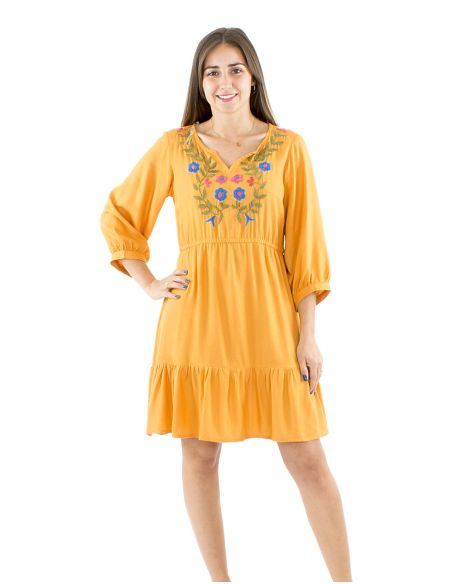 Vestido viscosa bordado mangas 3/4 lisa