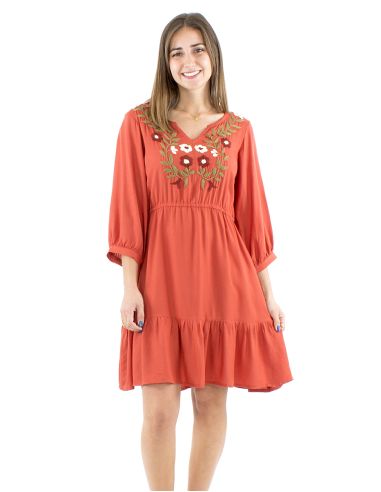Vestido viscosa bordado mangas 3/4 lisa