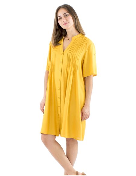 Vestido viscosa mangas cortas pliegue pecho