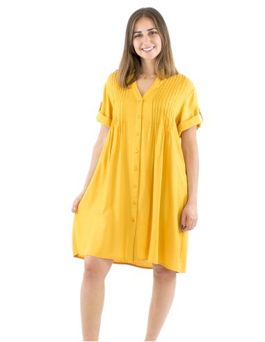 Vestido viscosa mangas cortas pliegue pecho